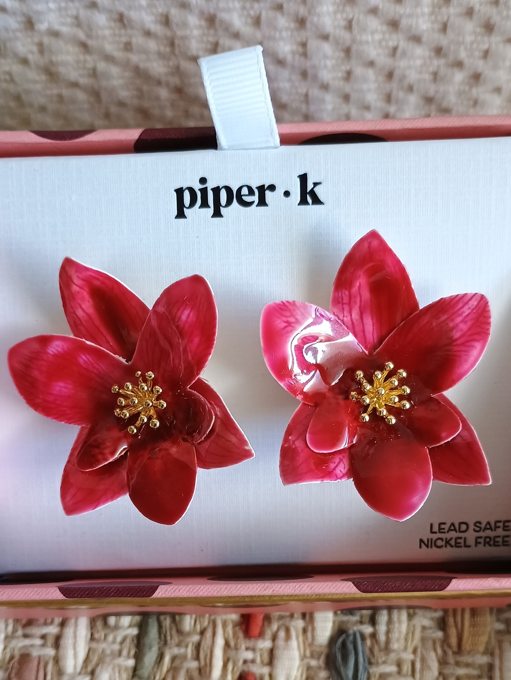 NWT Piper K Red Orchid Flower Statement Stud Earrings